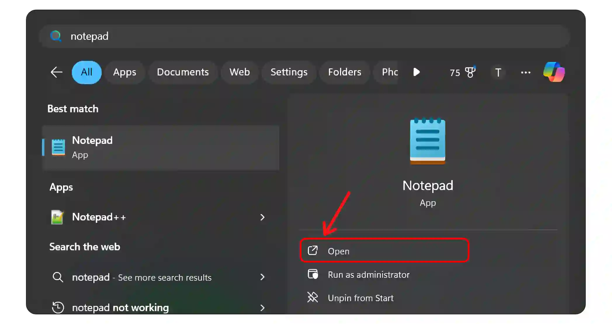 open notepad in windows 11