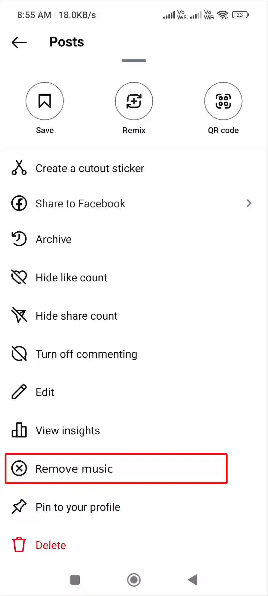 remove music from instagram post after posting