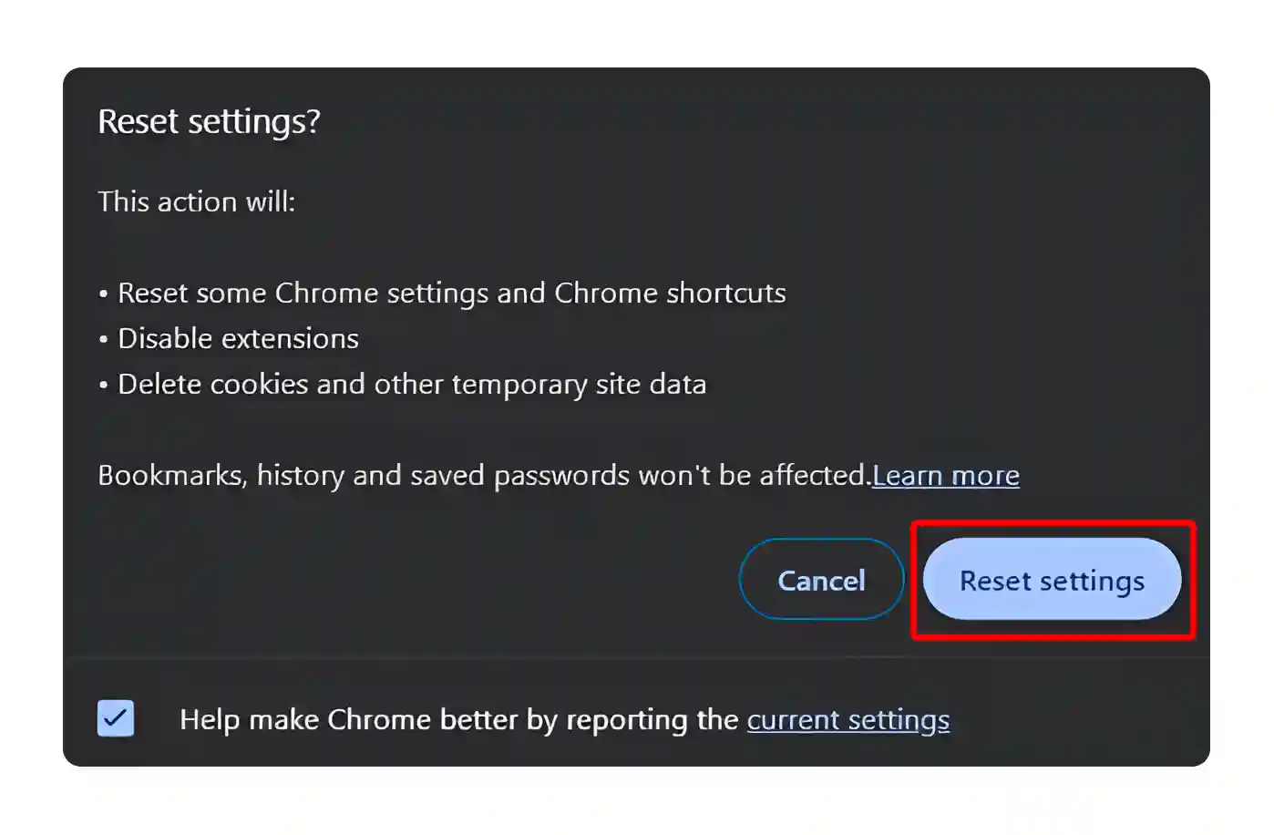 reset chrome settings