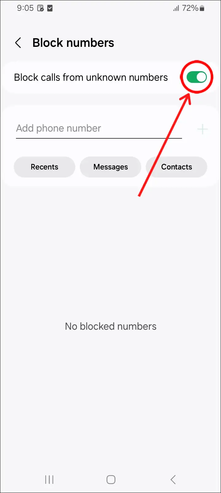 samsung block calls from unknown numbers