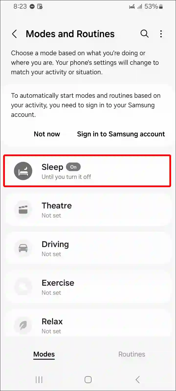 samsung modes and routines sleep grayscale