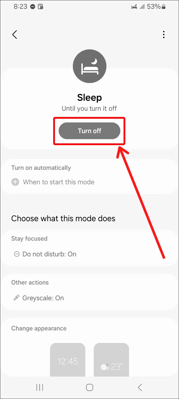 samsung modes and routines sleep off grayscale