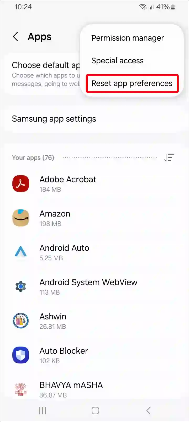 samsung reset app preferences