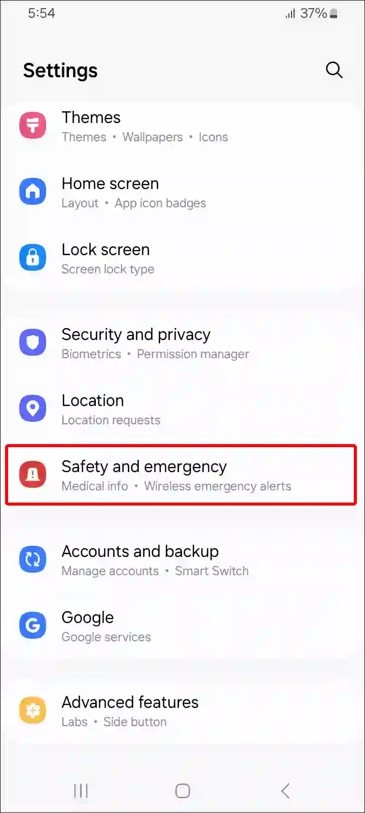 samsung safety and emergency settings