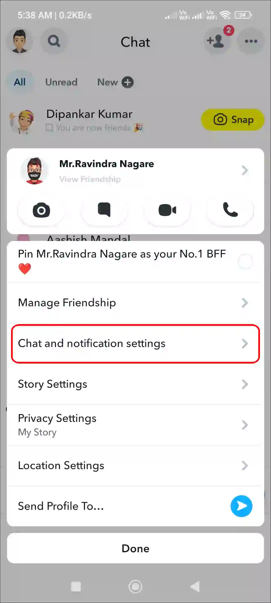 snapchat conversation chat and notification settings