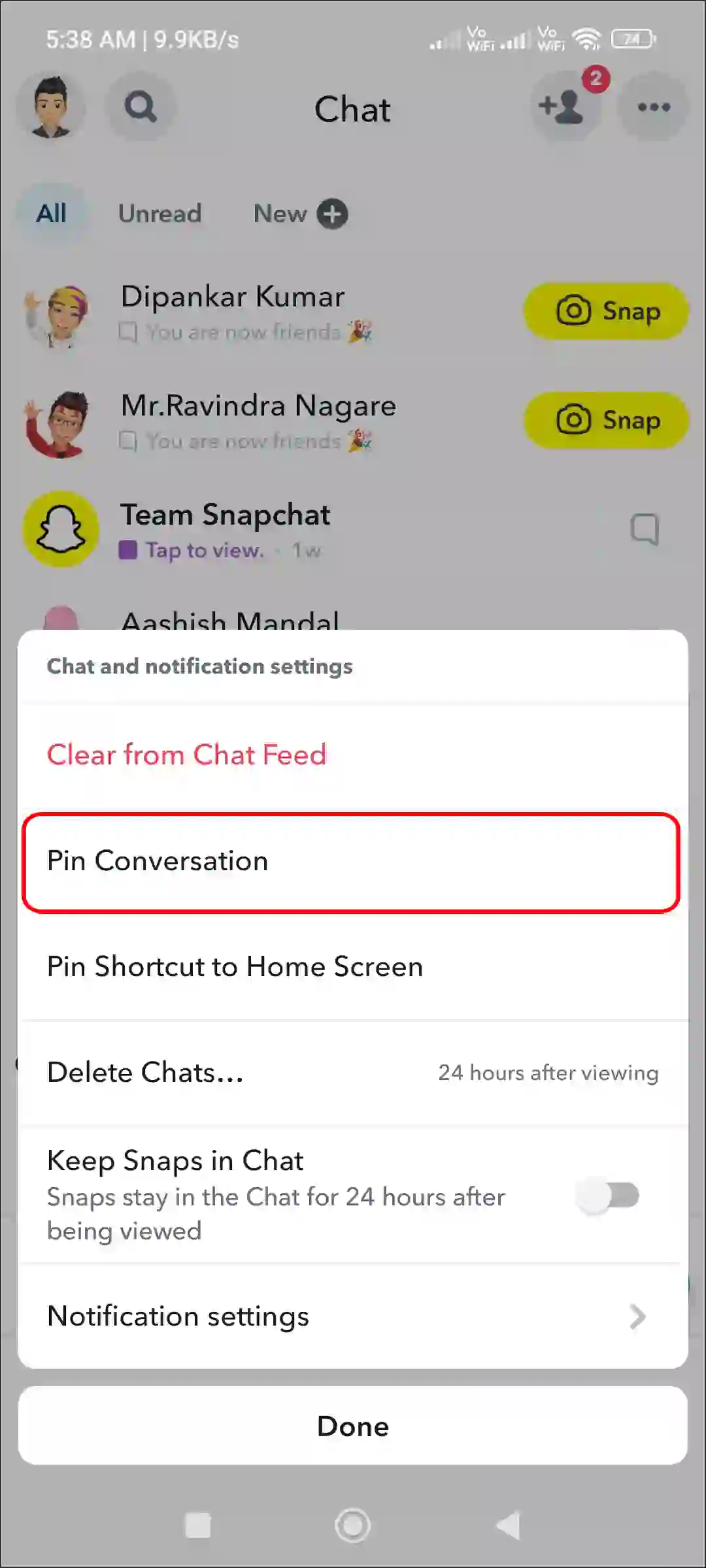 snapchat pin conversation