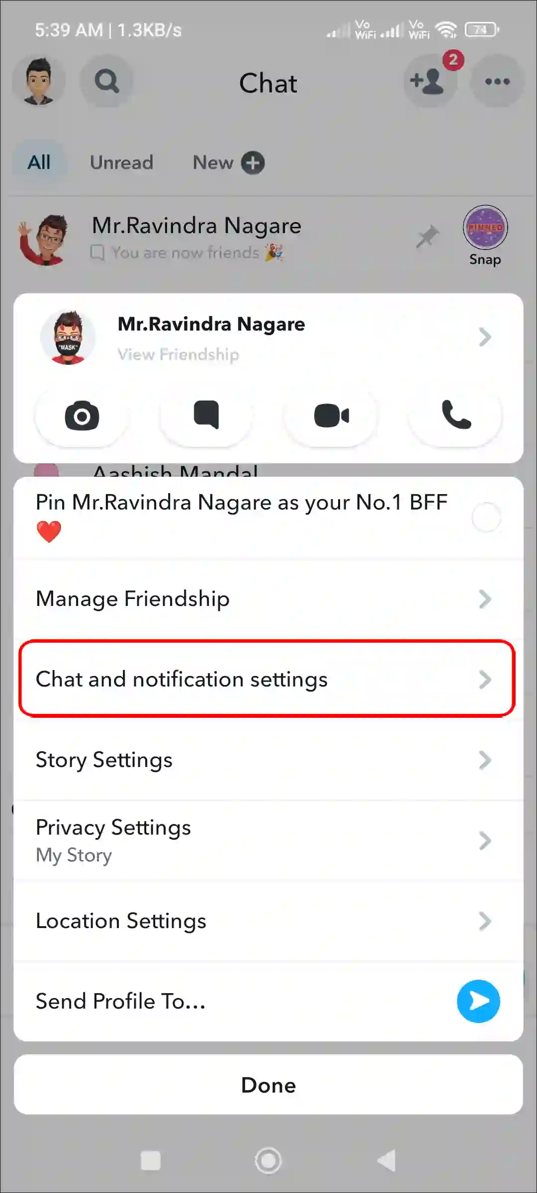 snapchat pinned chat and notification settings