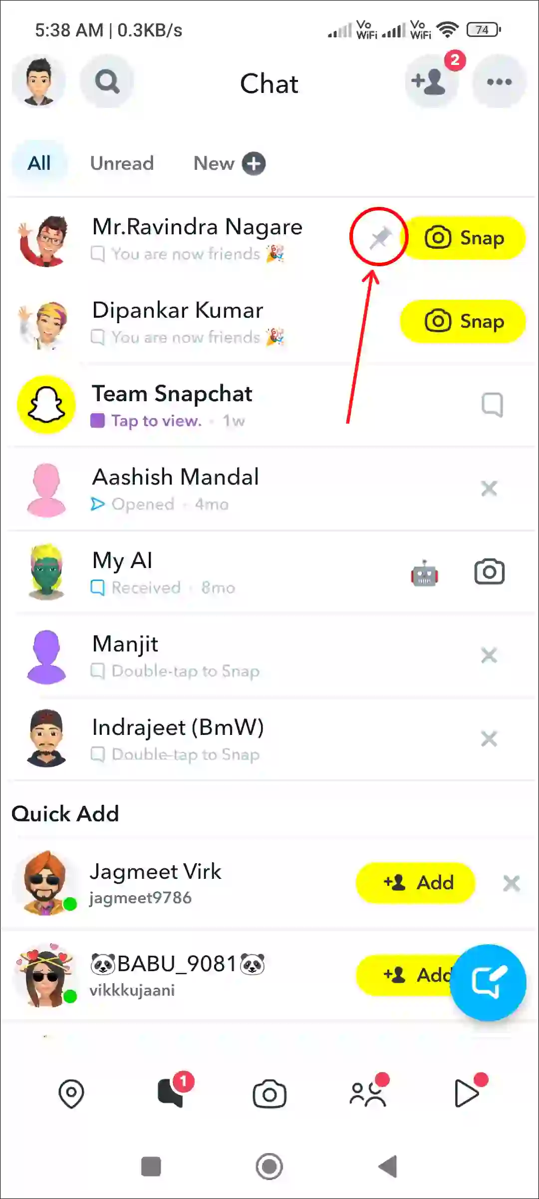 snapchat pinned conversation