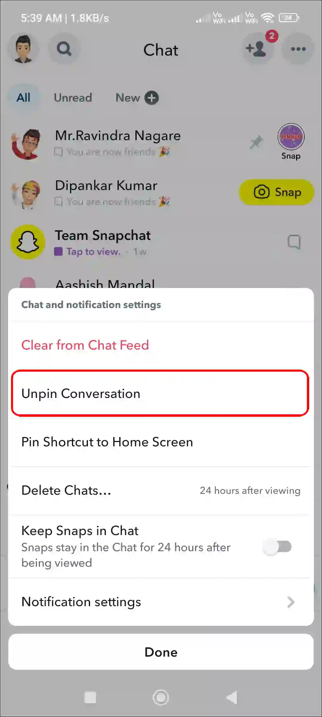 snapchat unpin conversation