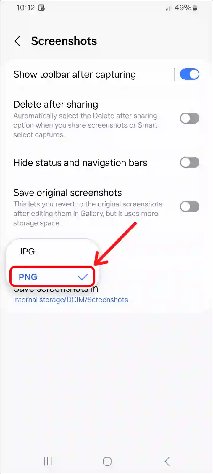 switch screenshot format on samsung