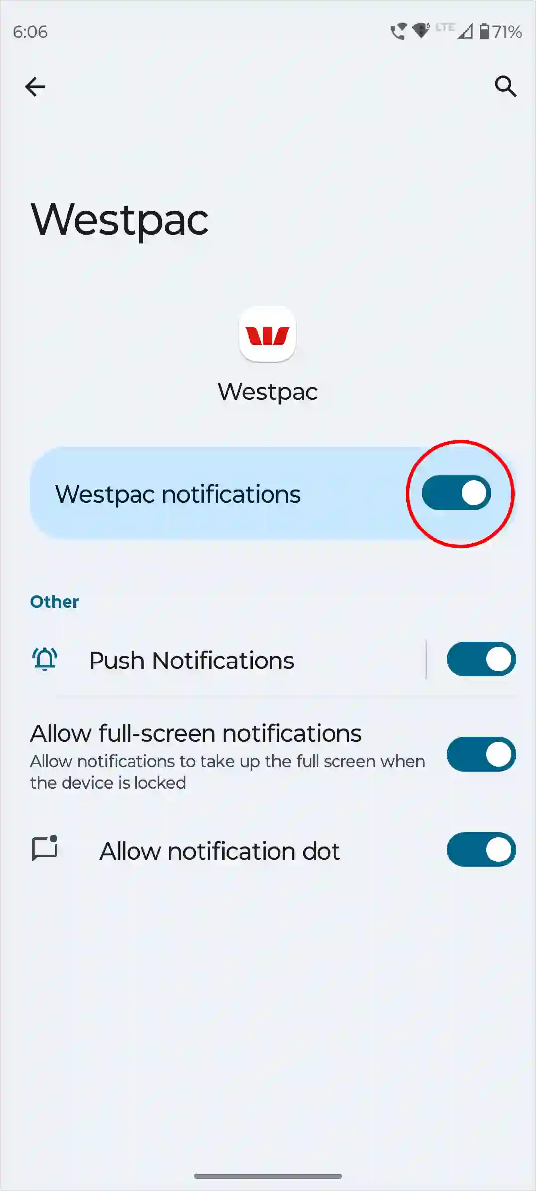 turn on notifications for westpac app