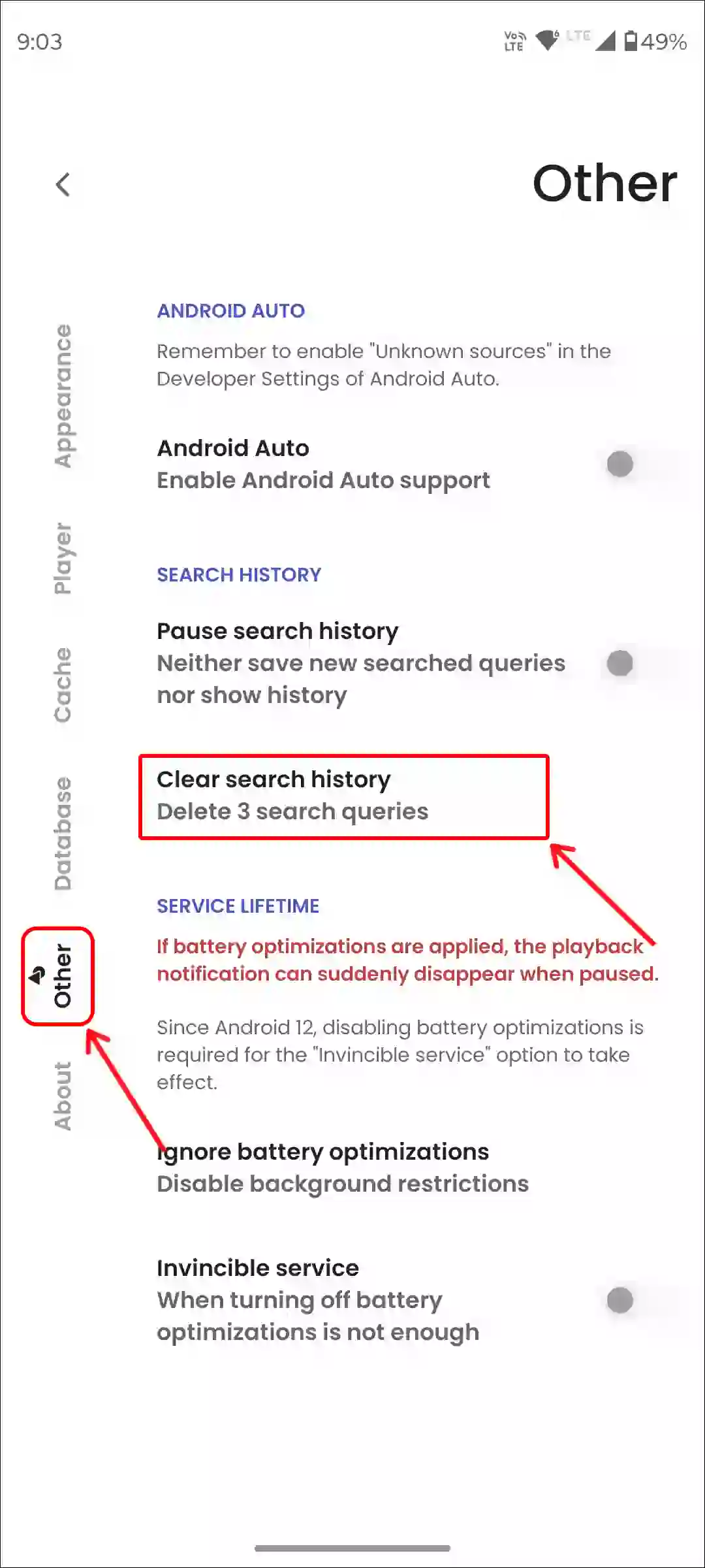 ViMusic app clear search history