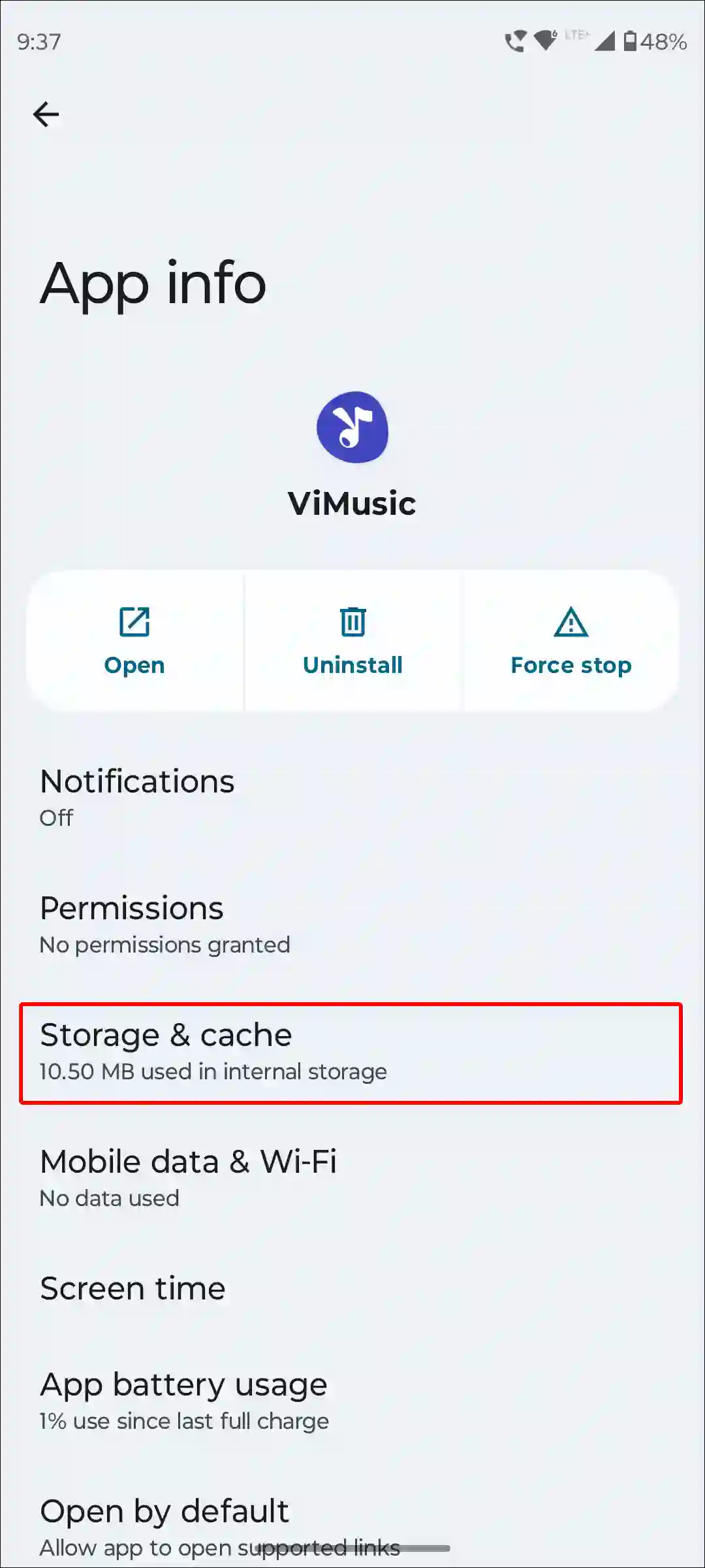 vimusic app storage and cache