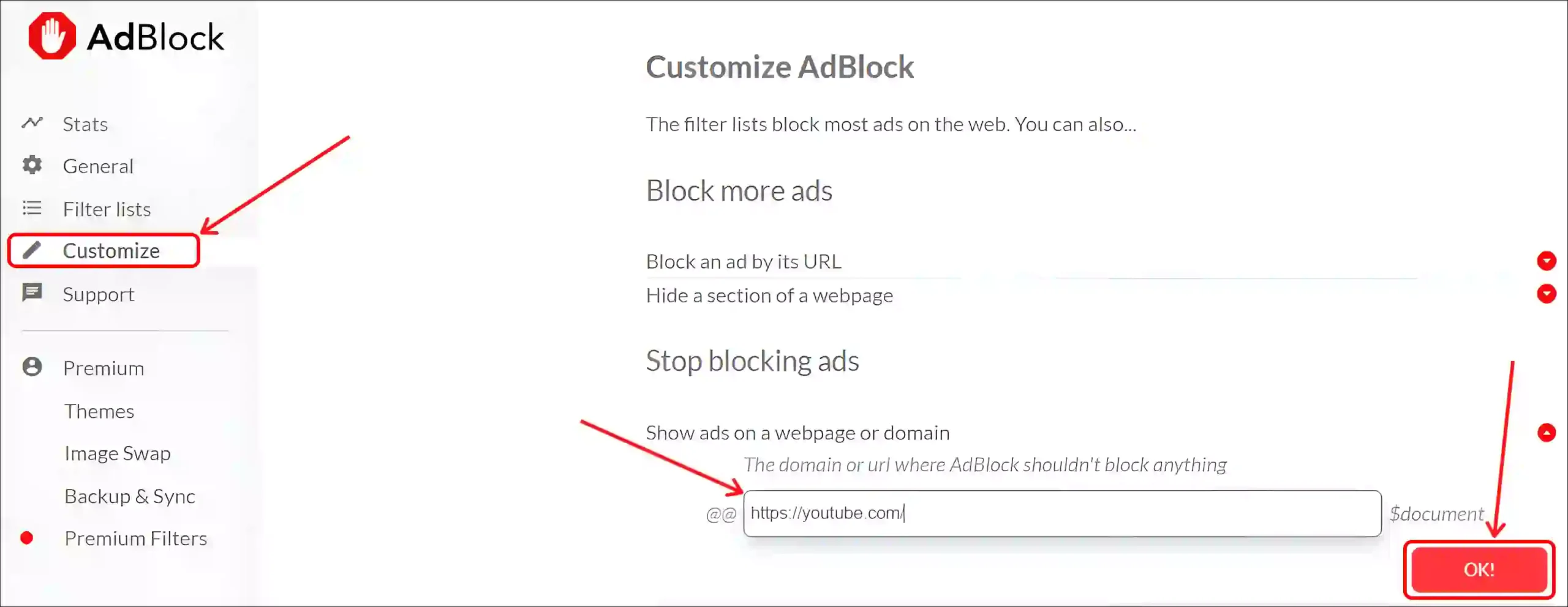 whitelist youtube from adblock