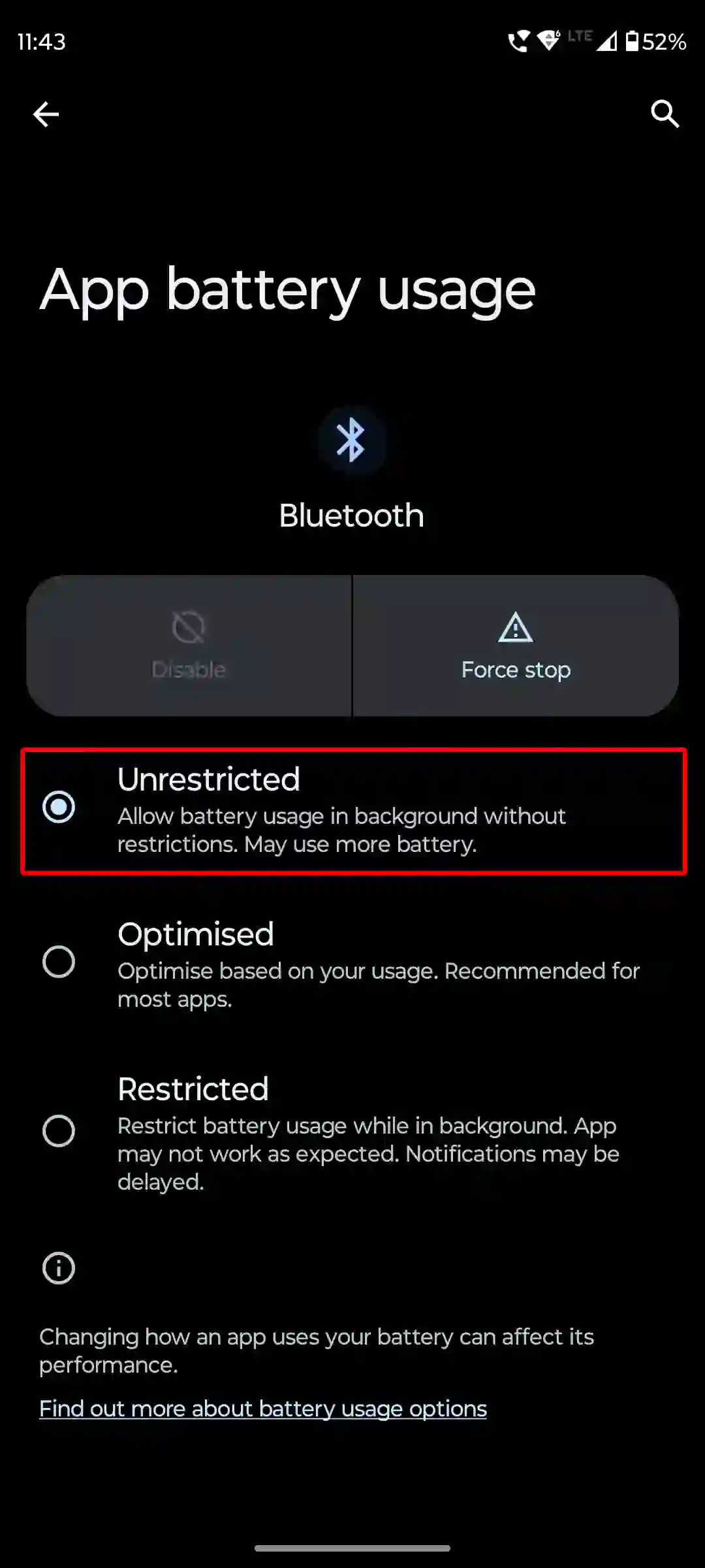 android bluetooth app battery usage unrestricted