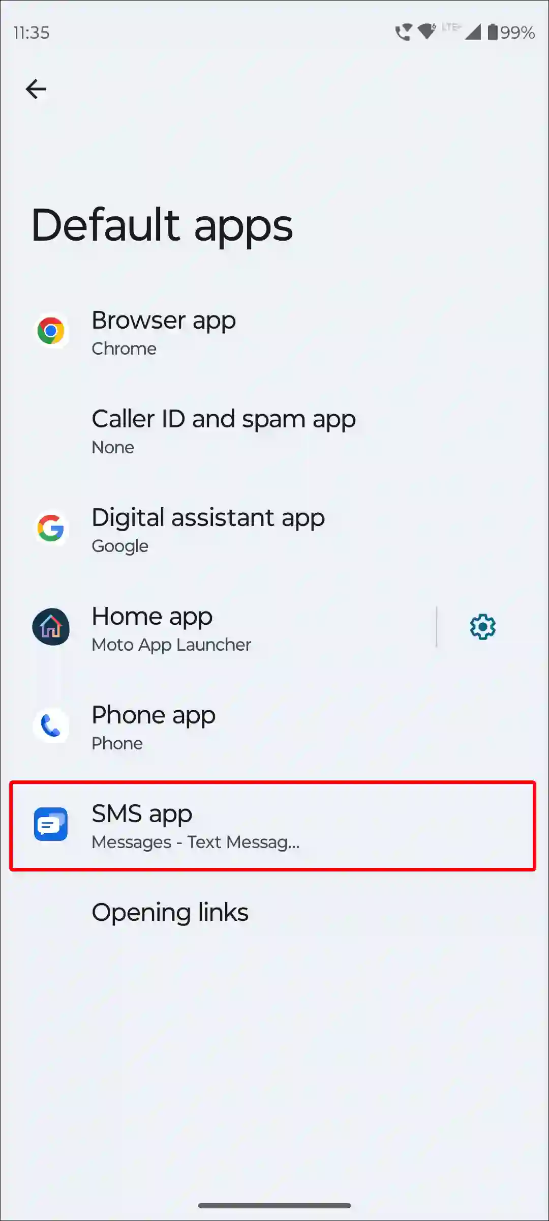 android default sms app settings