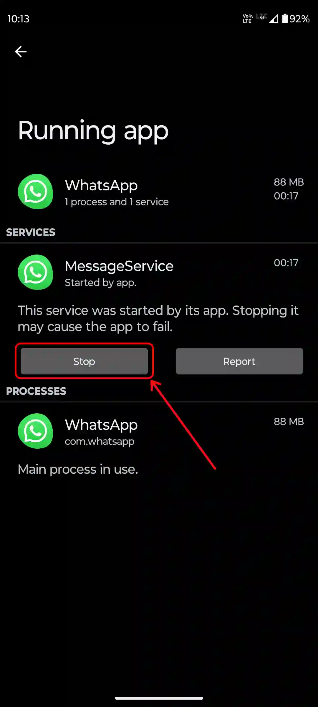 android running services whatsapp stop