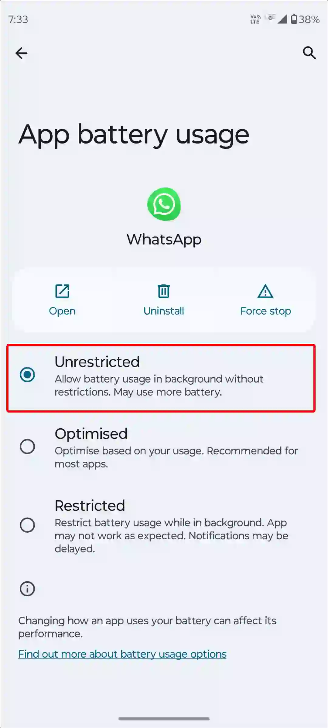 android whatsapp battery optimization unrestricted