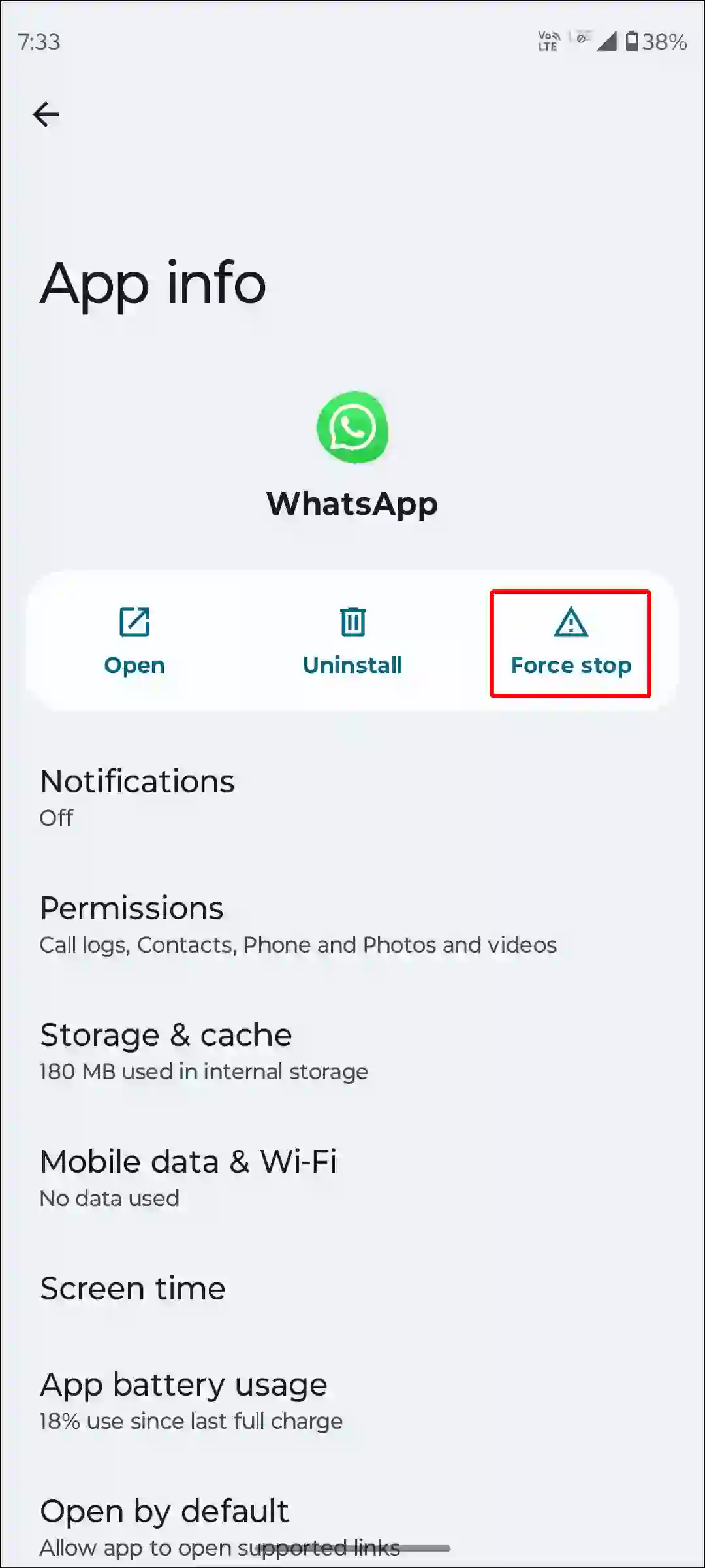 android whatsapp force stop