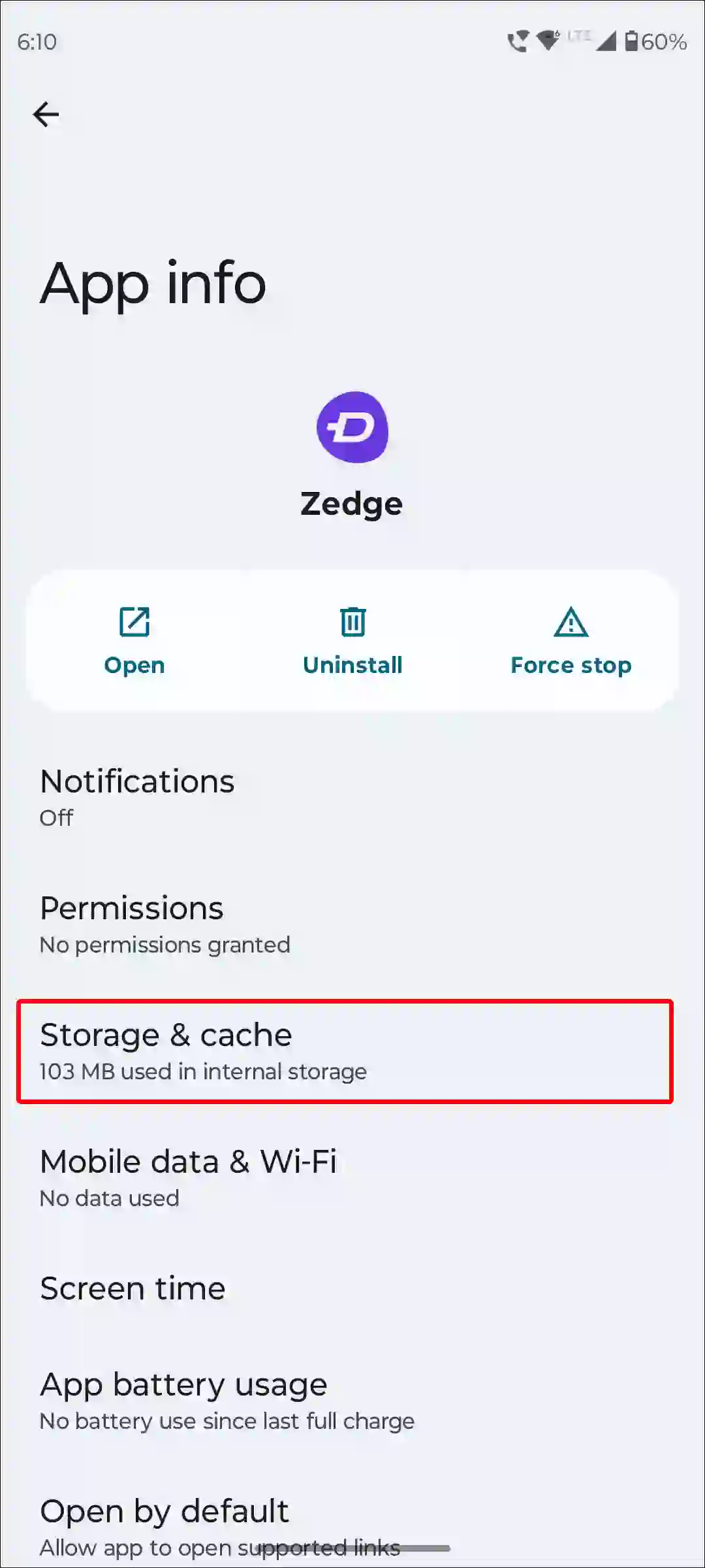 android zedge app storage and cache