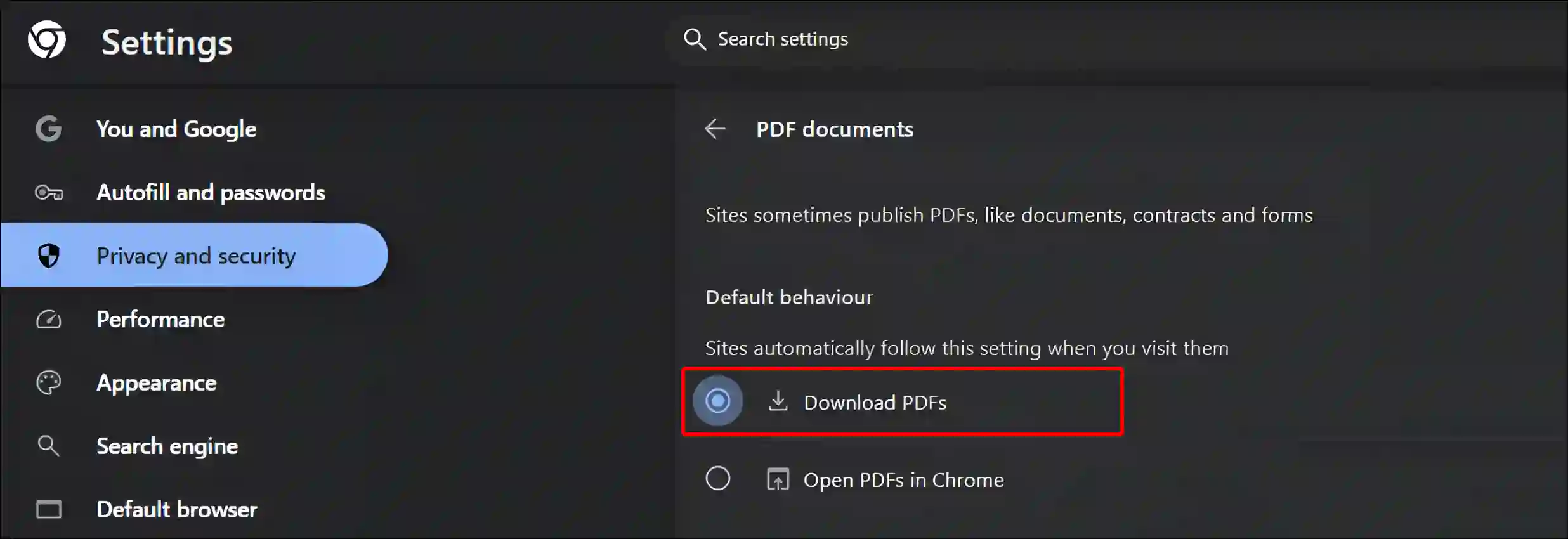 chrome pdf documents settings pc