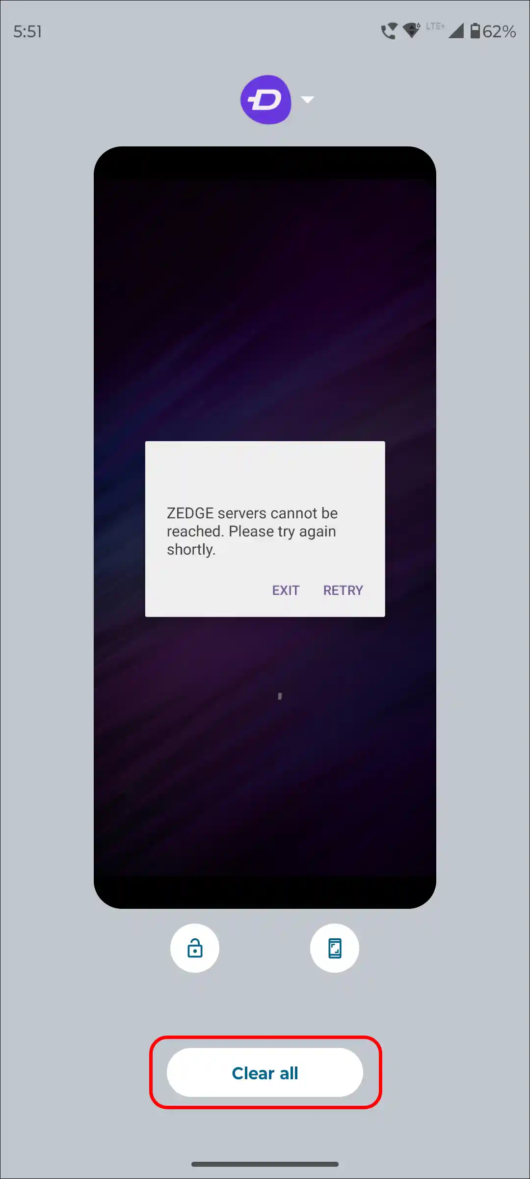 clear zedge app recent apps tab