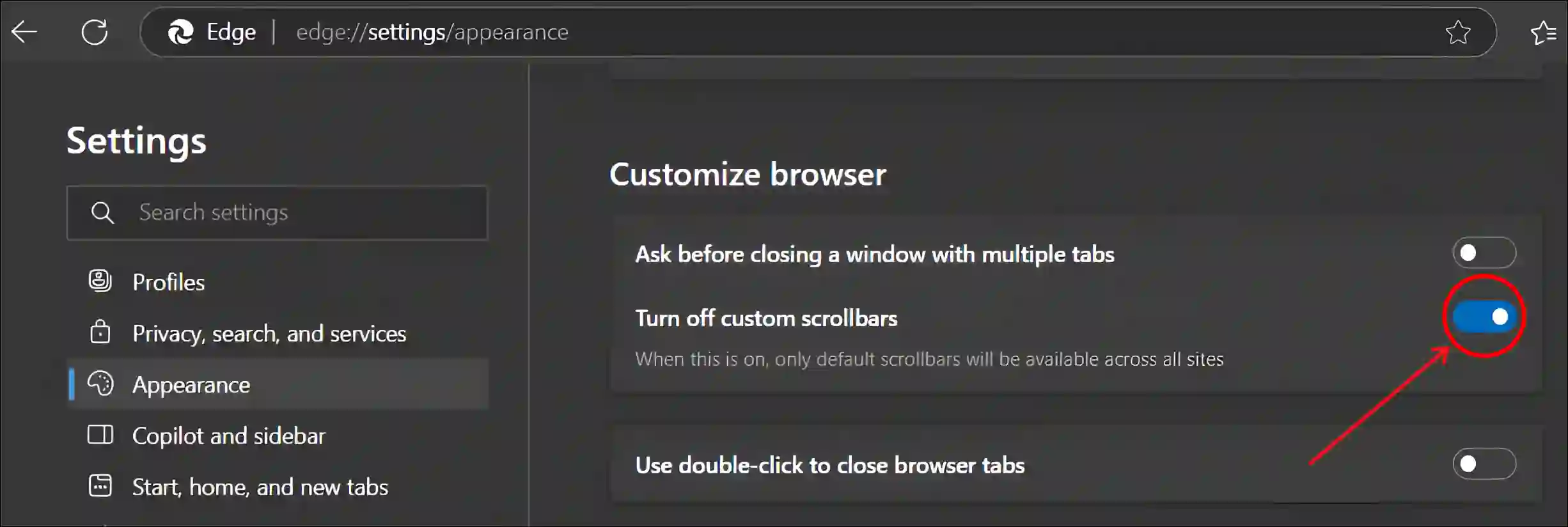 disable custom scrollbars in edge from appearance