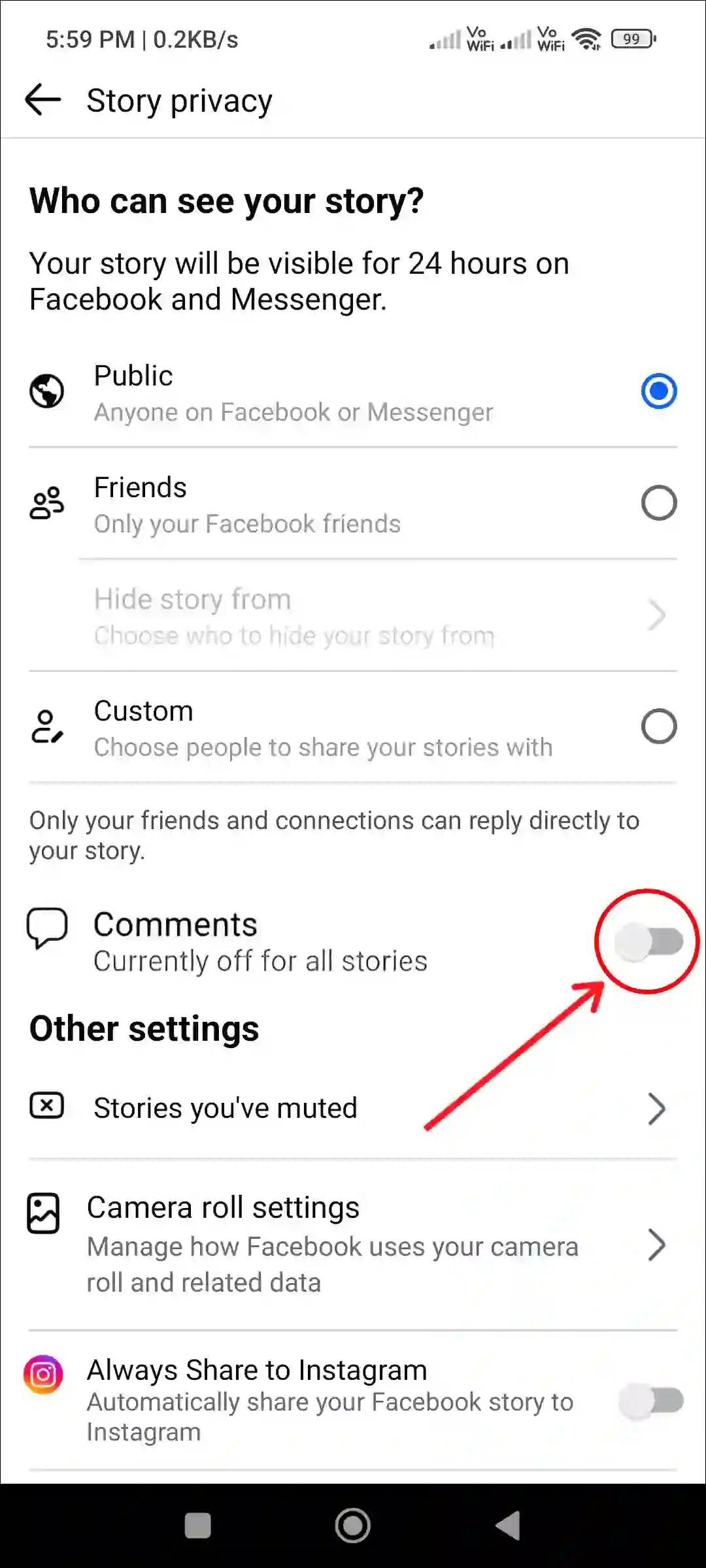 disable facebook story comments