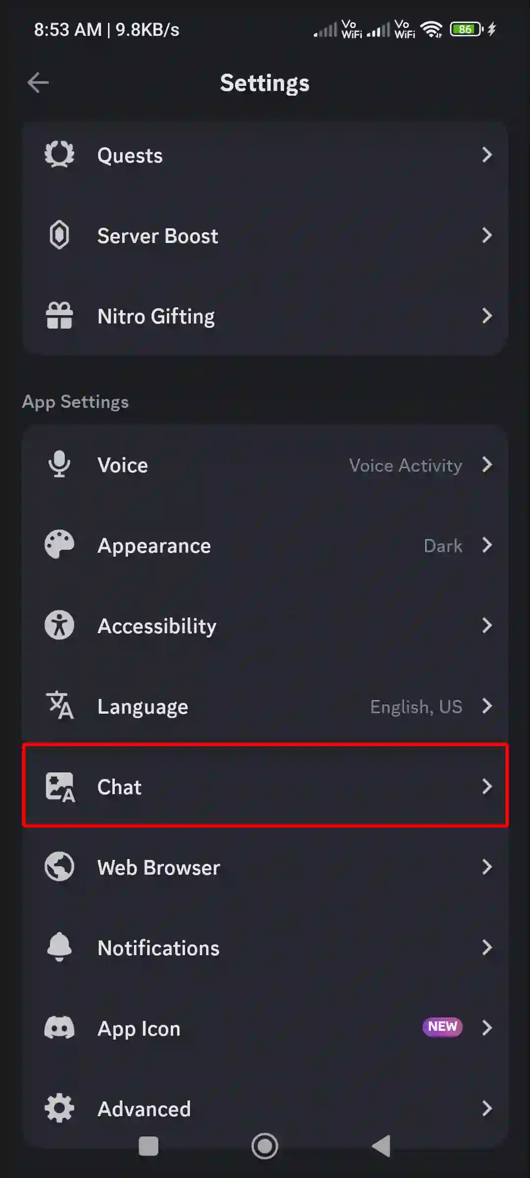 discord mobile chat settings