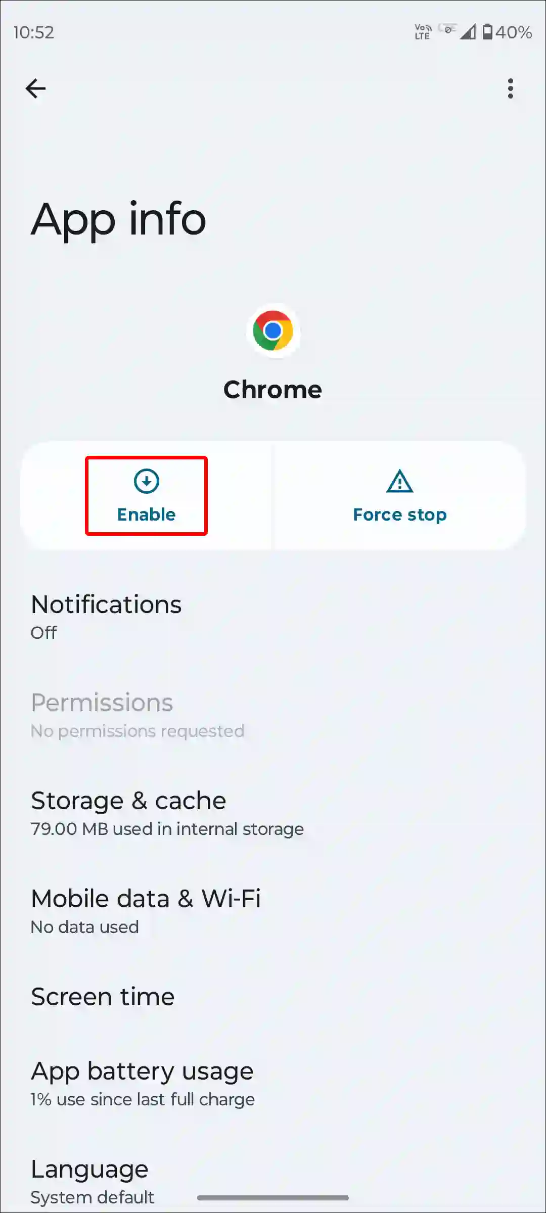 enable chrome on android