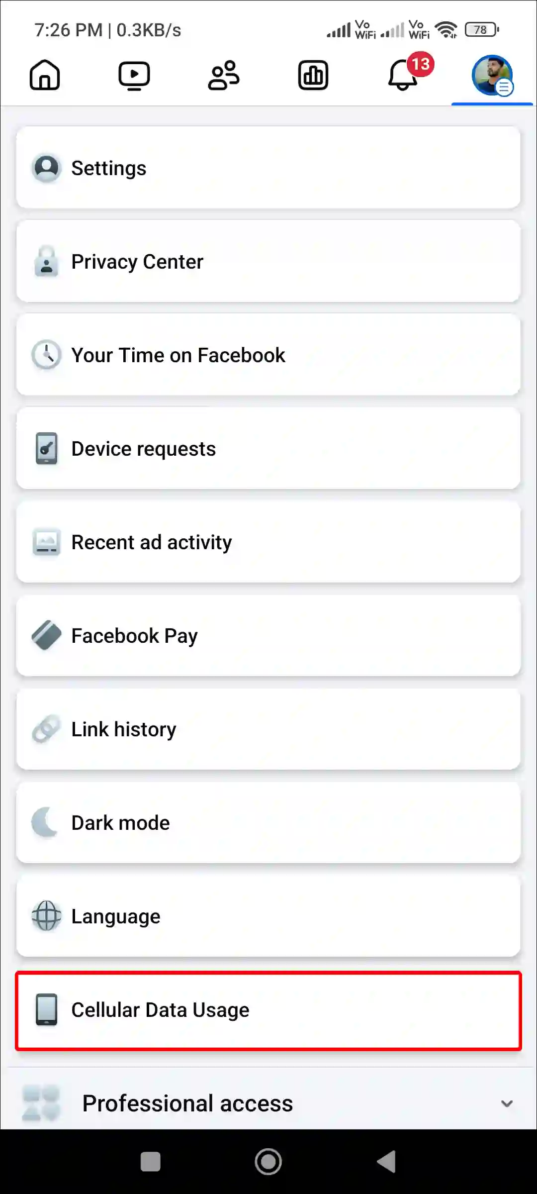 facebook app cellular data usage