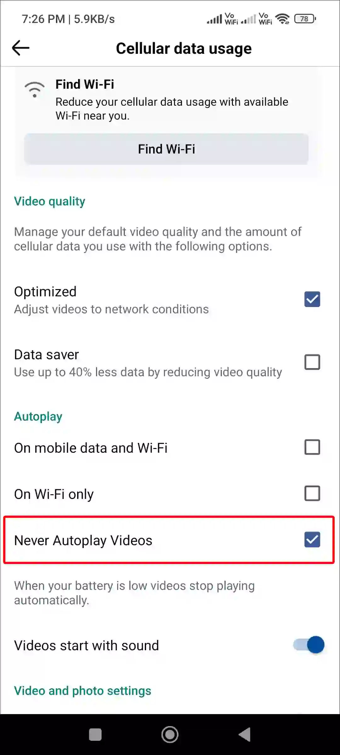 facebook app never autoplay videos