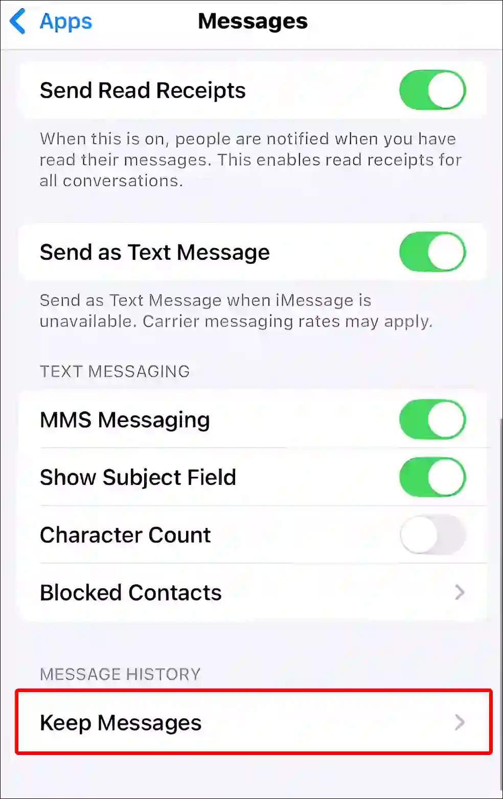 iphone keep messages settings