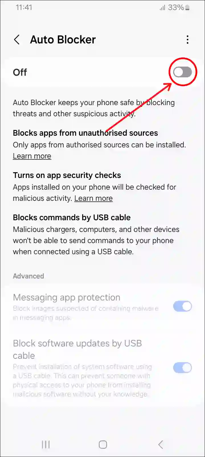 samsung auto blocker turn off