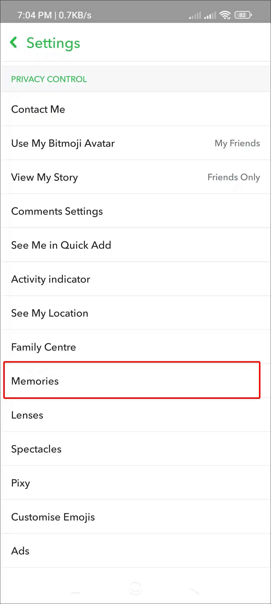 snapchat memories settings