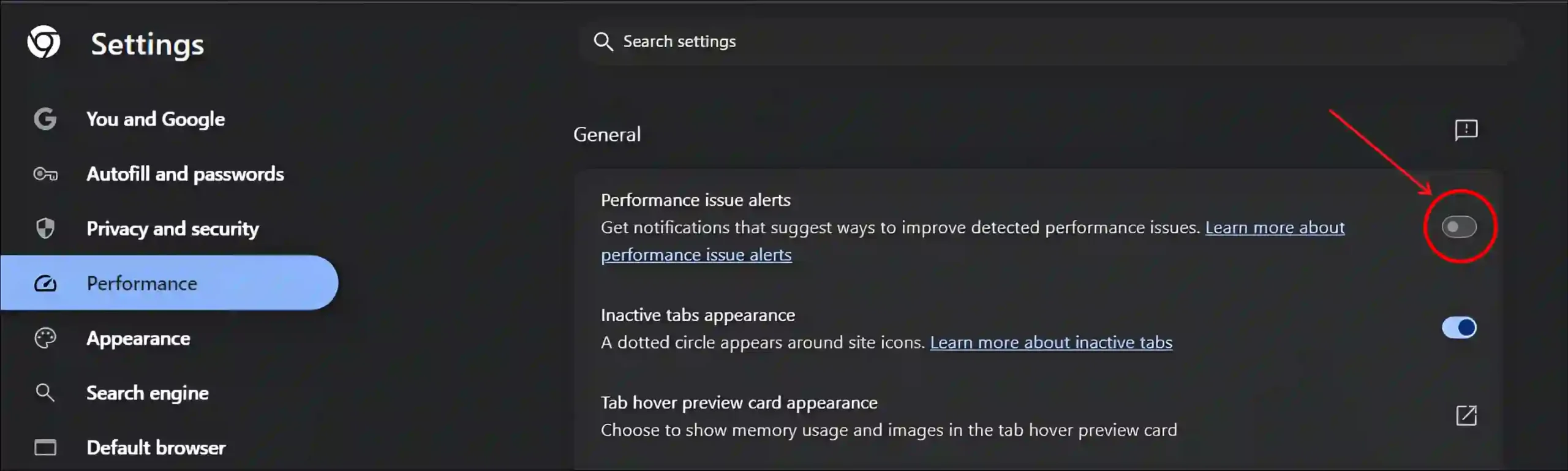 Turn Off the Chrome's Performance issue alerts tab