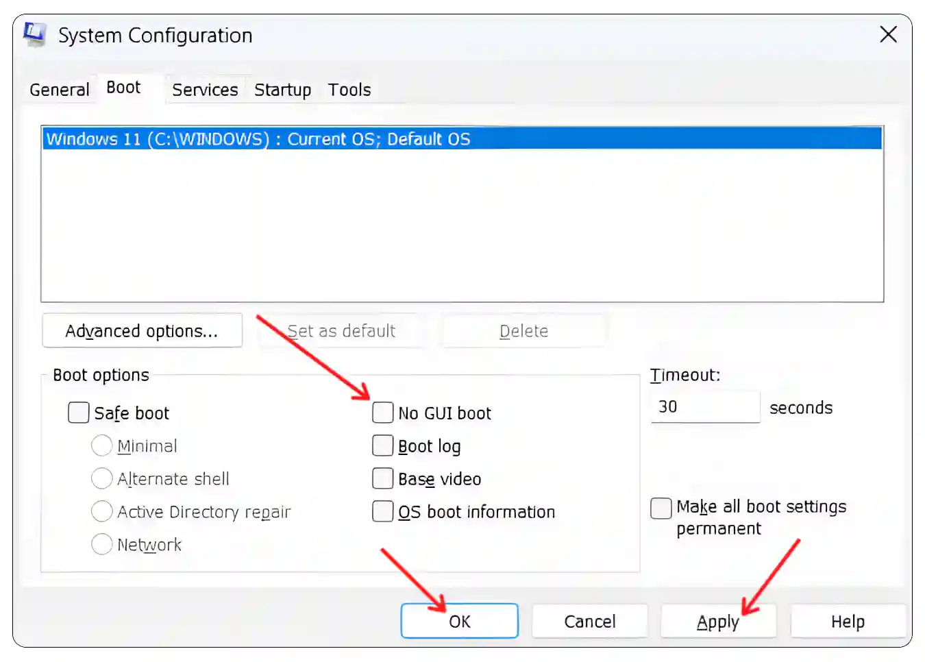 turn off no gui boot on windows 11