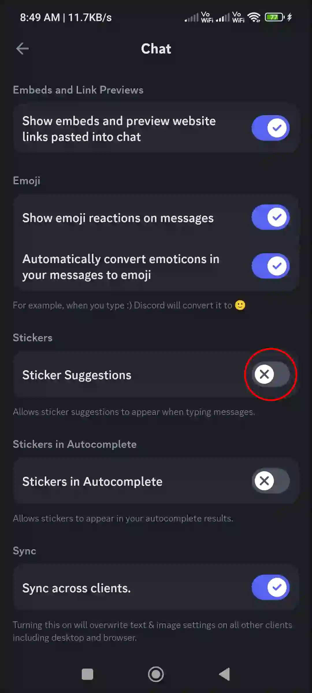 turn off sticker suggestions discord mobile