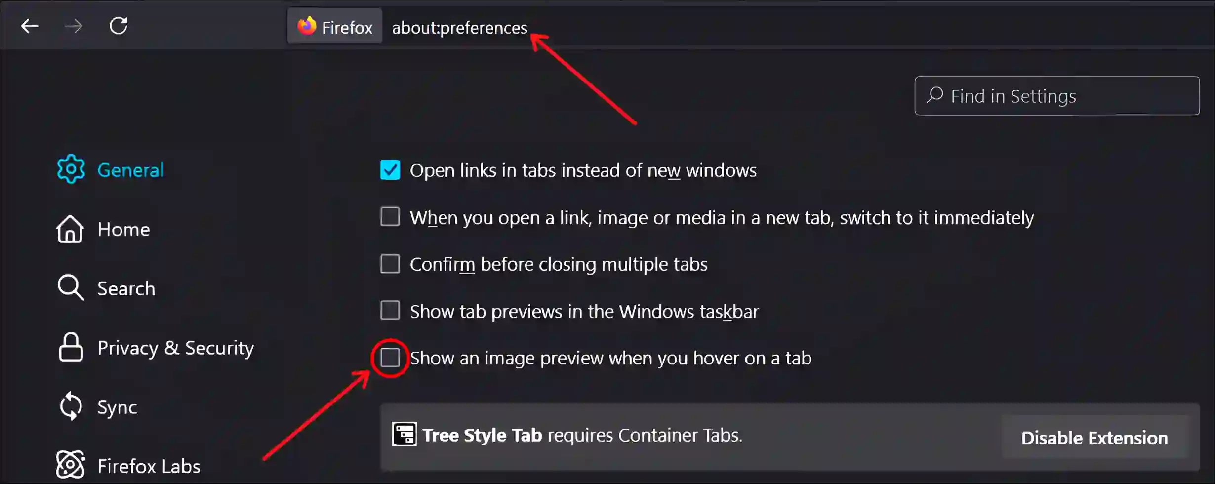 Turn Off Tab Hover Cards in Mozilla Firefox from Settings