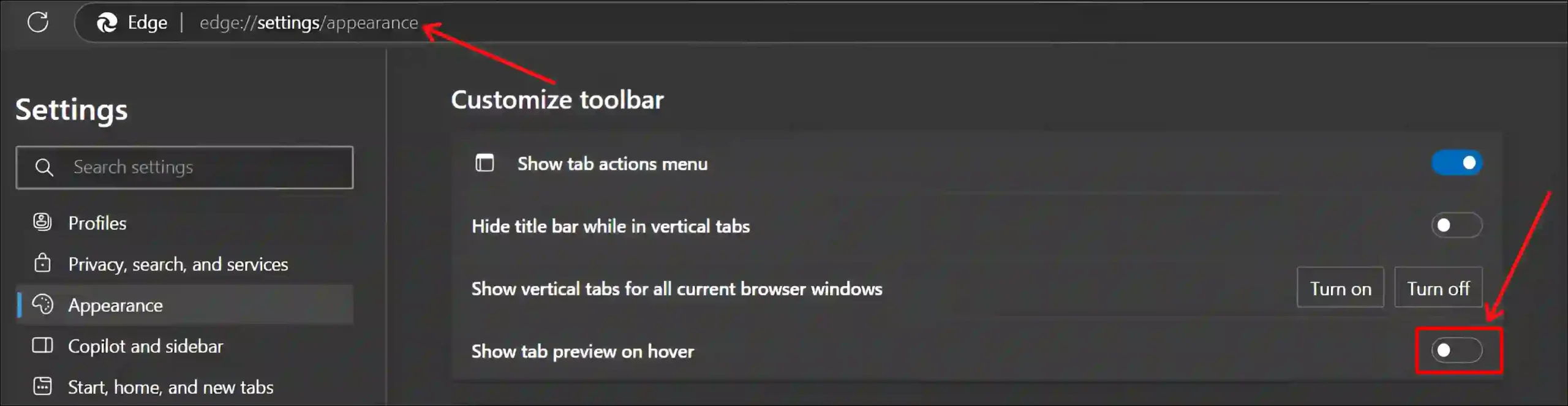 Turn Off Tab Hover Cards using Microsoft Edge Settings