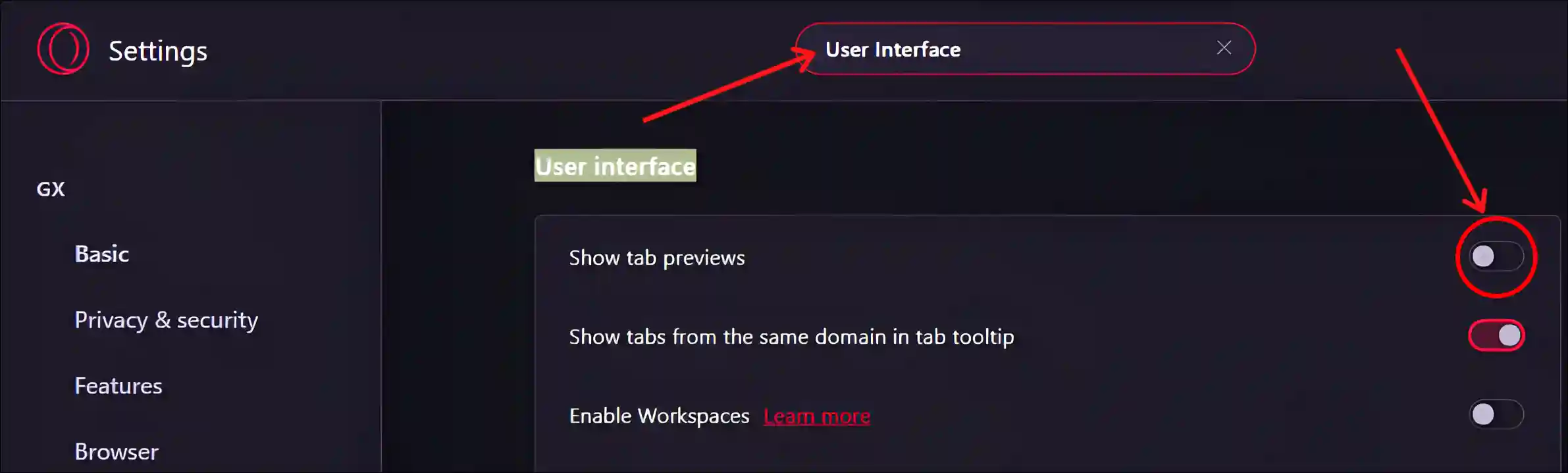 turn off Tab previews in Opera and Opera GX from settings