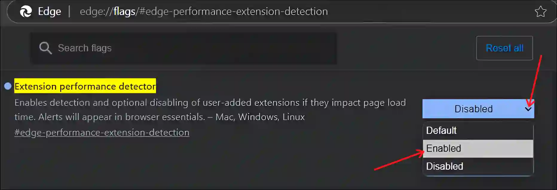 turn on extension performance detector edge