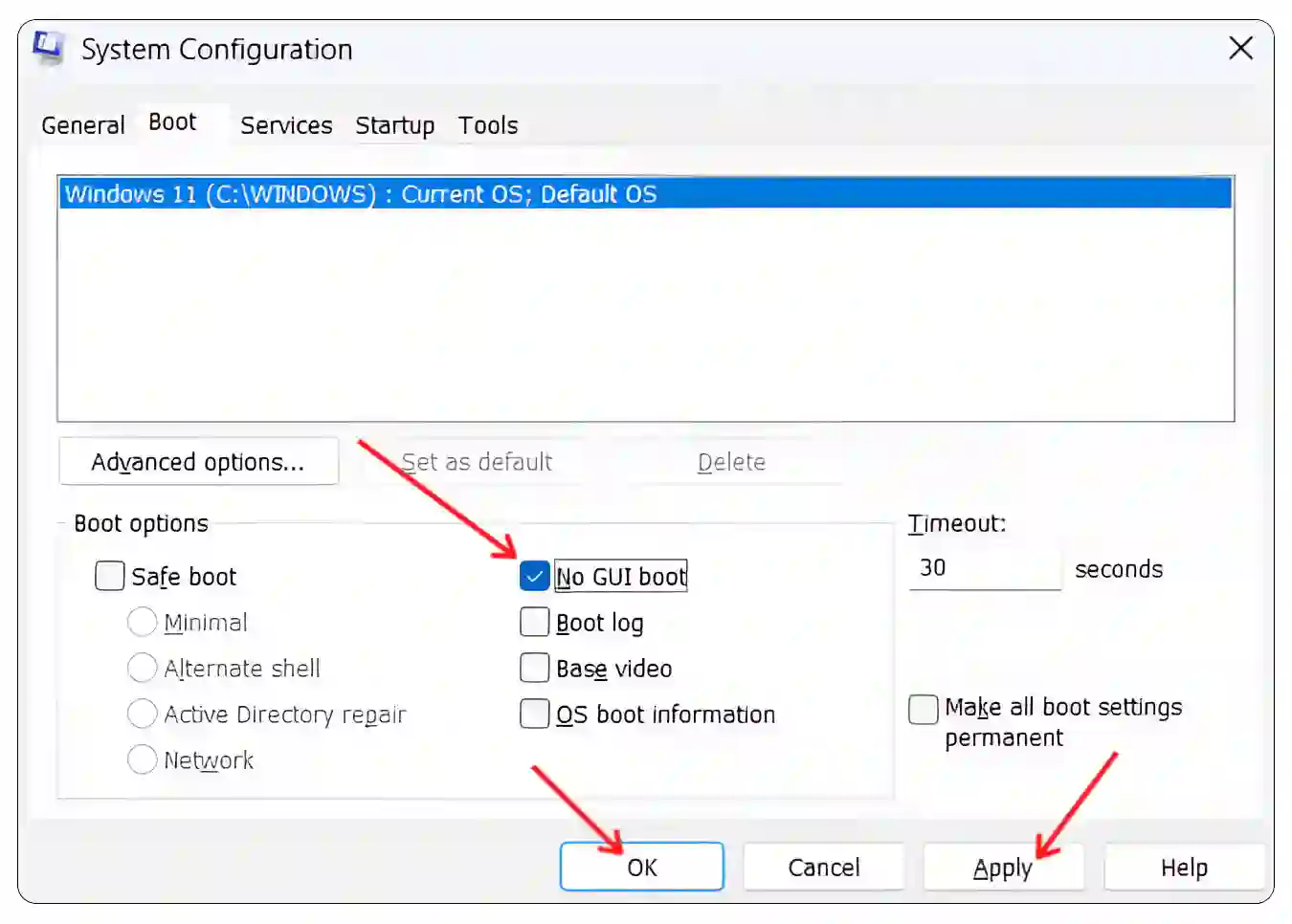 turn on no gui boot on windows 11