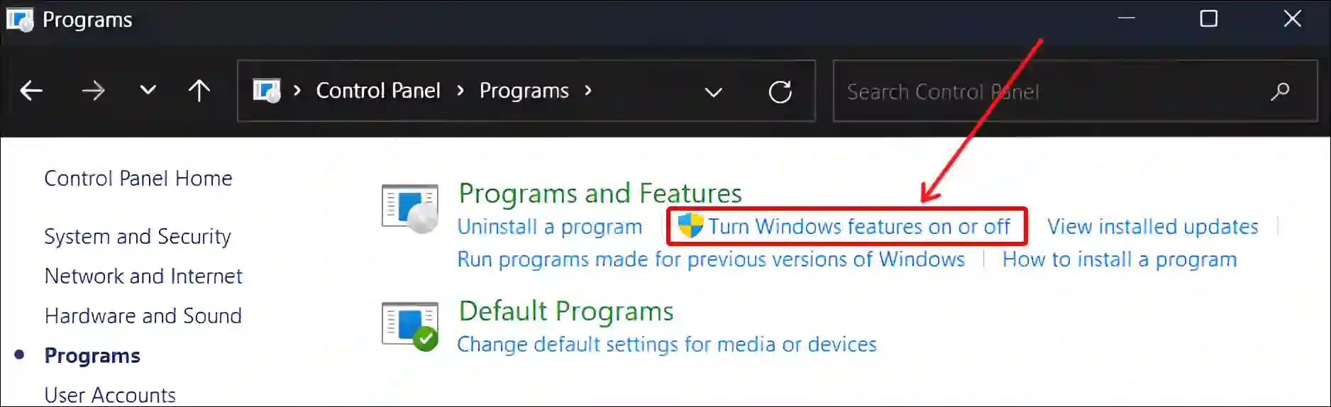 turn windows features on or off control panel