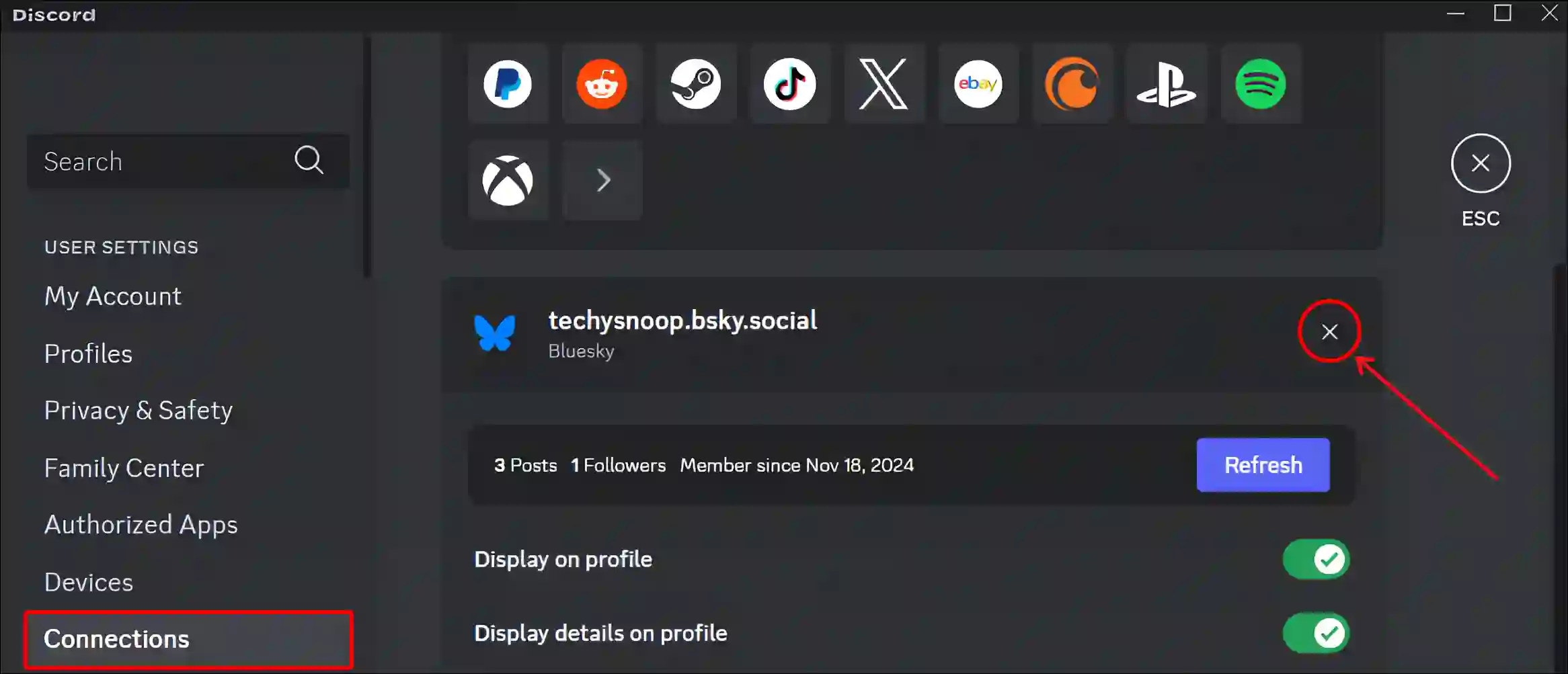 unlink bluesky account from discord