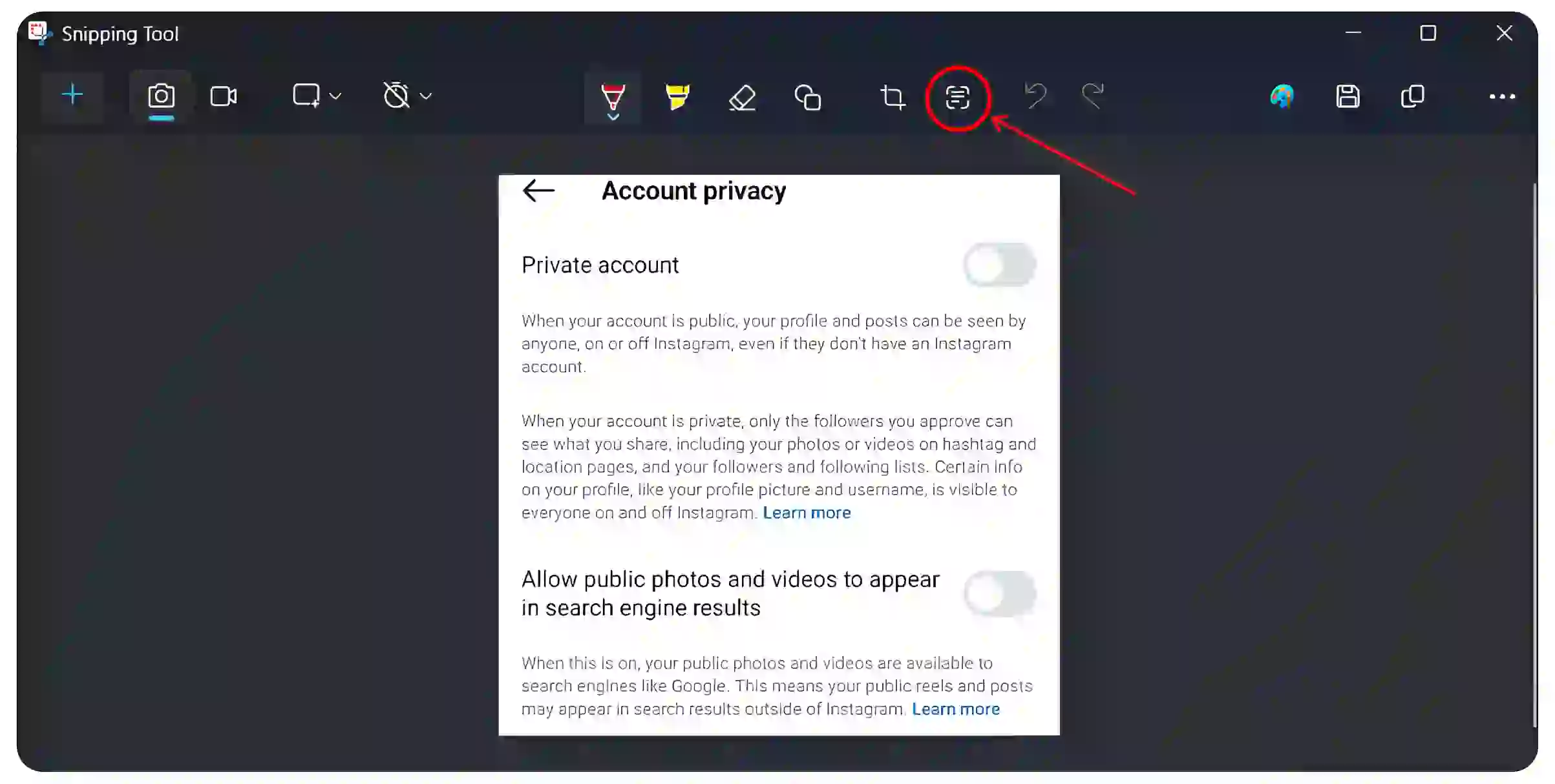 windows 11 snipping tool text actions