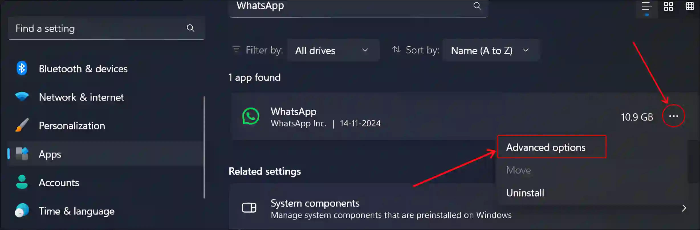 windows 11 whatsapp advanced options