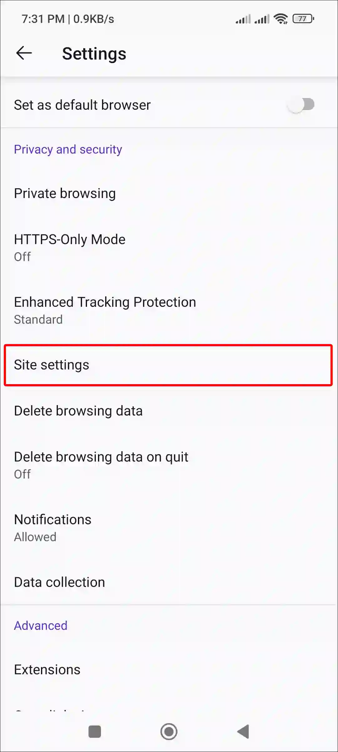 android firefox site settings