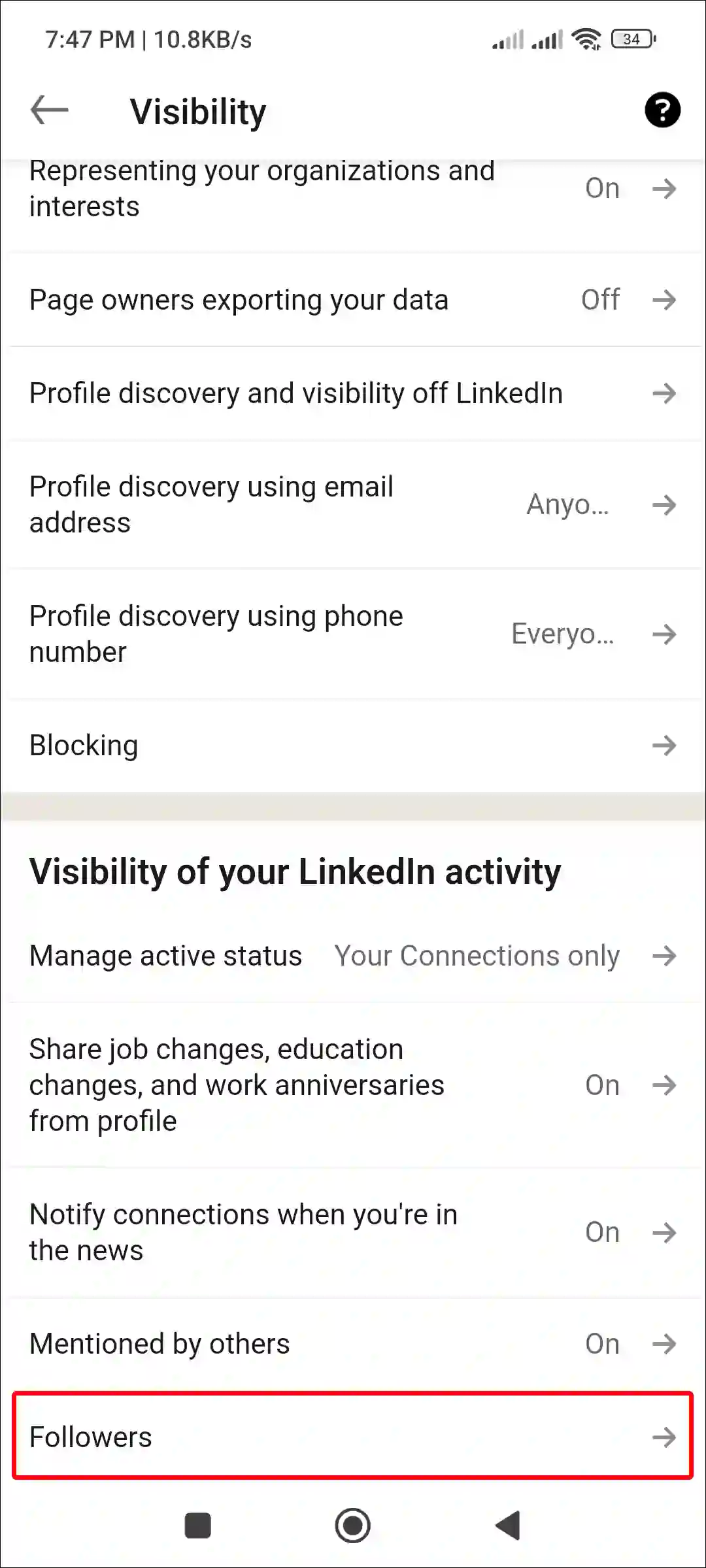 android linkedin app followers settings