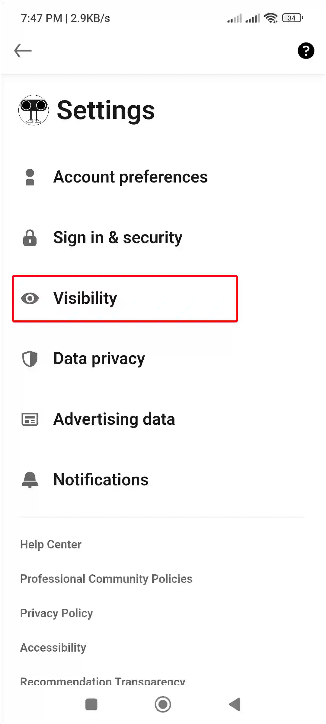 android linkedin app visibility settings